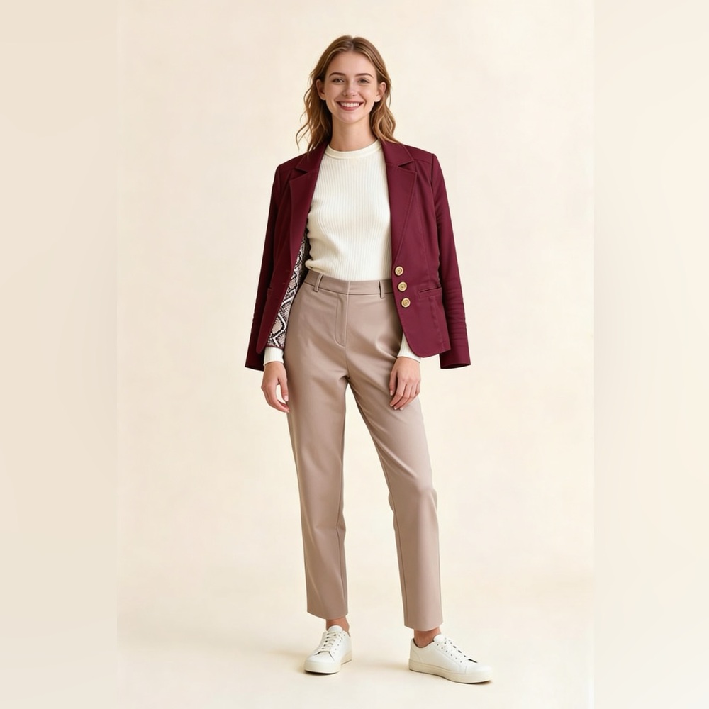 Tailored Women's Burgundy Blazer with Gold Buttons